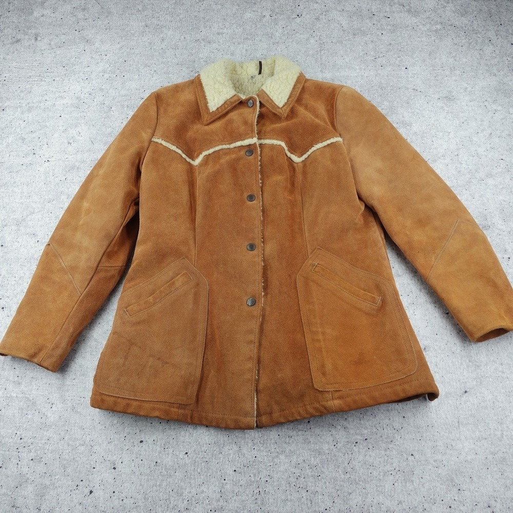 Vintage 70s Joo-Kay Women Tan Genuine Suede Western Shearling Lined Jacket Sz 14